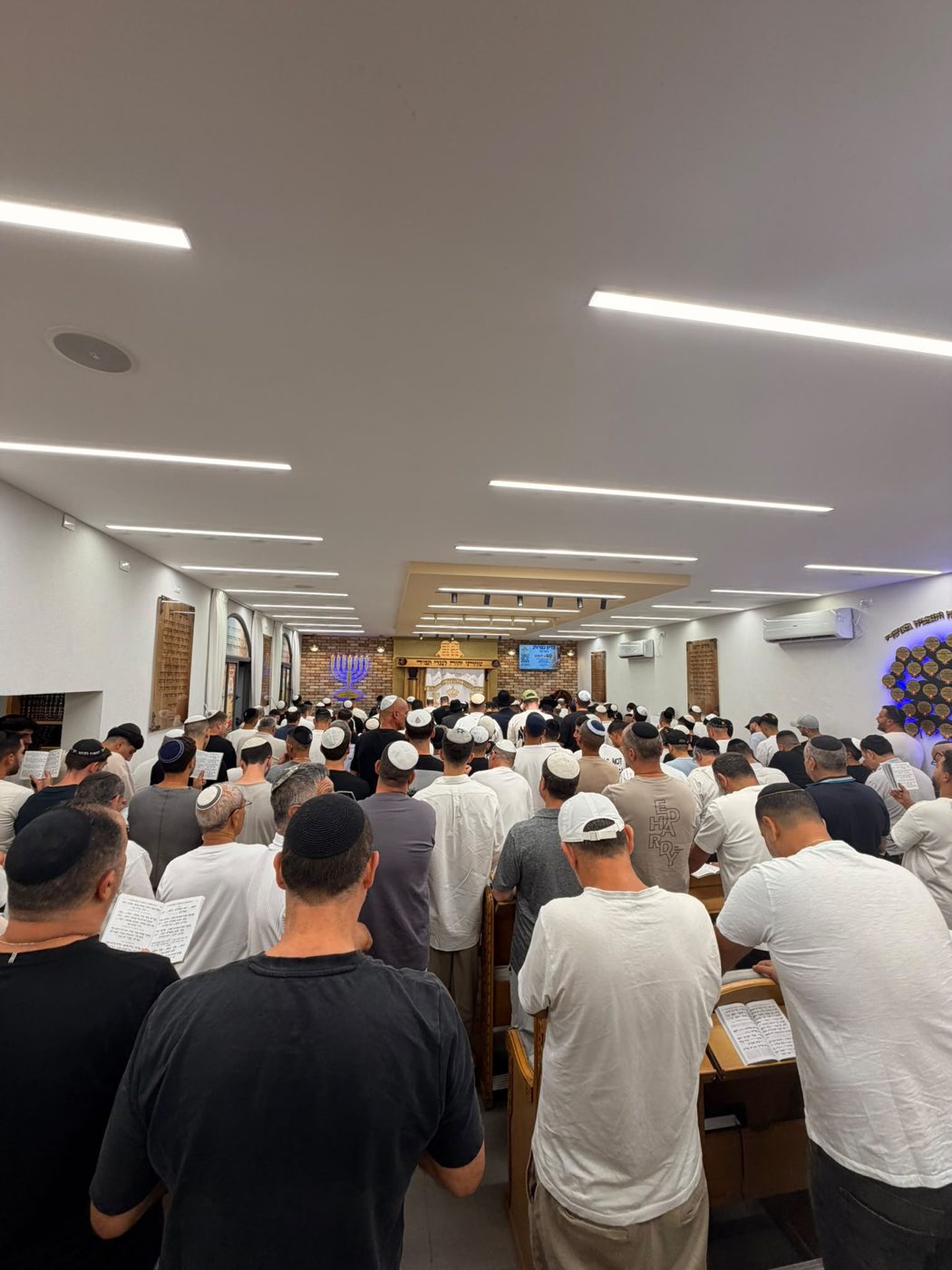 מתפללים בבית הכנסת היכל עובדיה בתפילה, מבט מהאולם אל ארון הקודש
